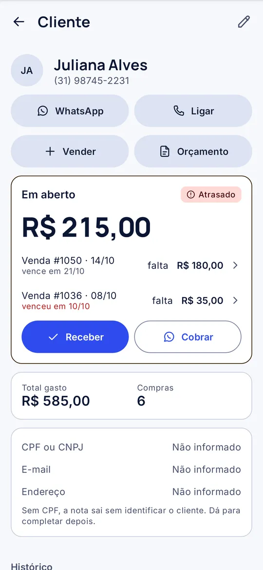 Tela do Meiza com o cliente, o histórico de compras e o valor a receber