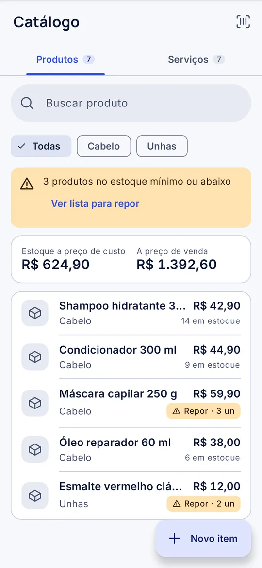 Tela do Meiza com o catálogo e o saldo de estoque