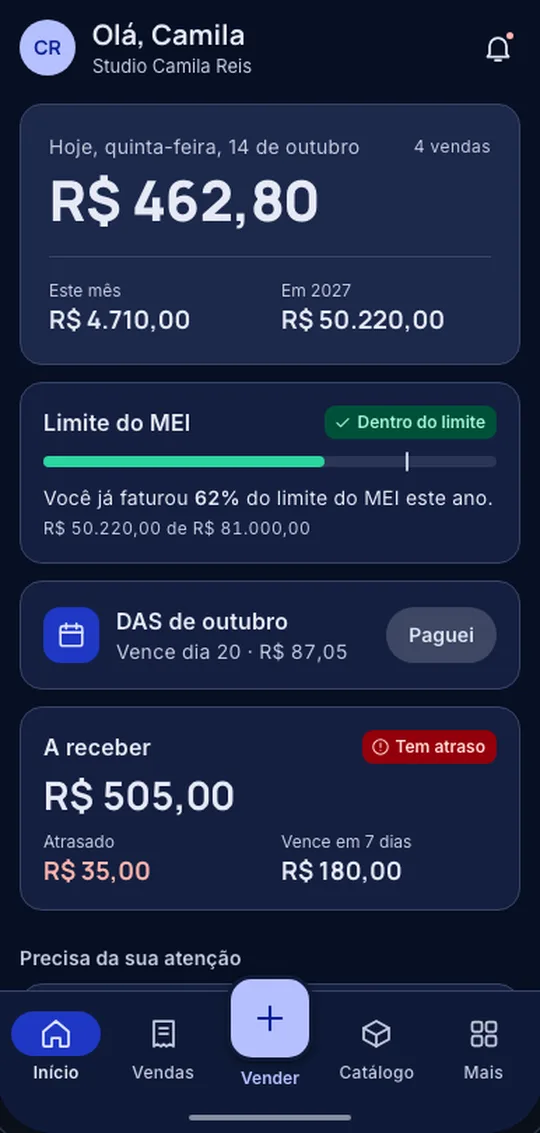 Tela inicial do Meiza mostrando o faturamento do dia, o limite do MEI e o DAS