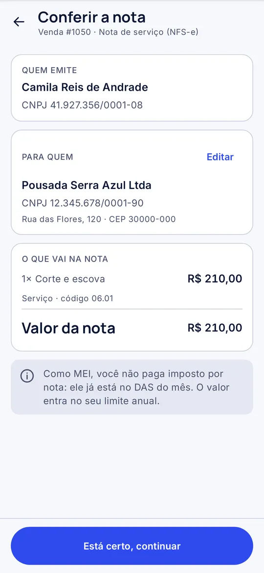 Tela do Meiza com a situação da nota fiscal de uma venda