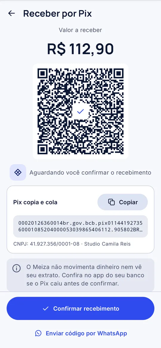 Tela de venda do Meiza com pagamento por Pix e QR code