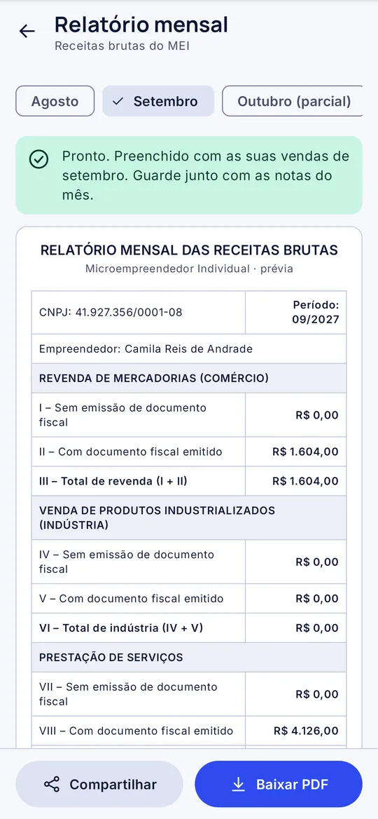 Tela do Meiza com os relatórios do mês